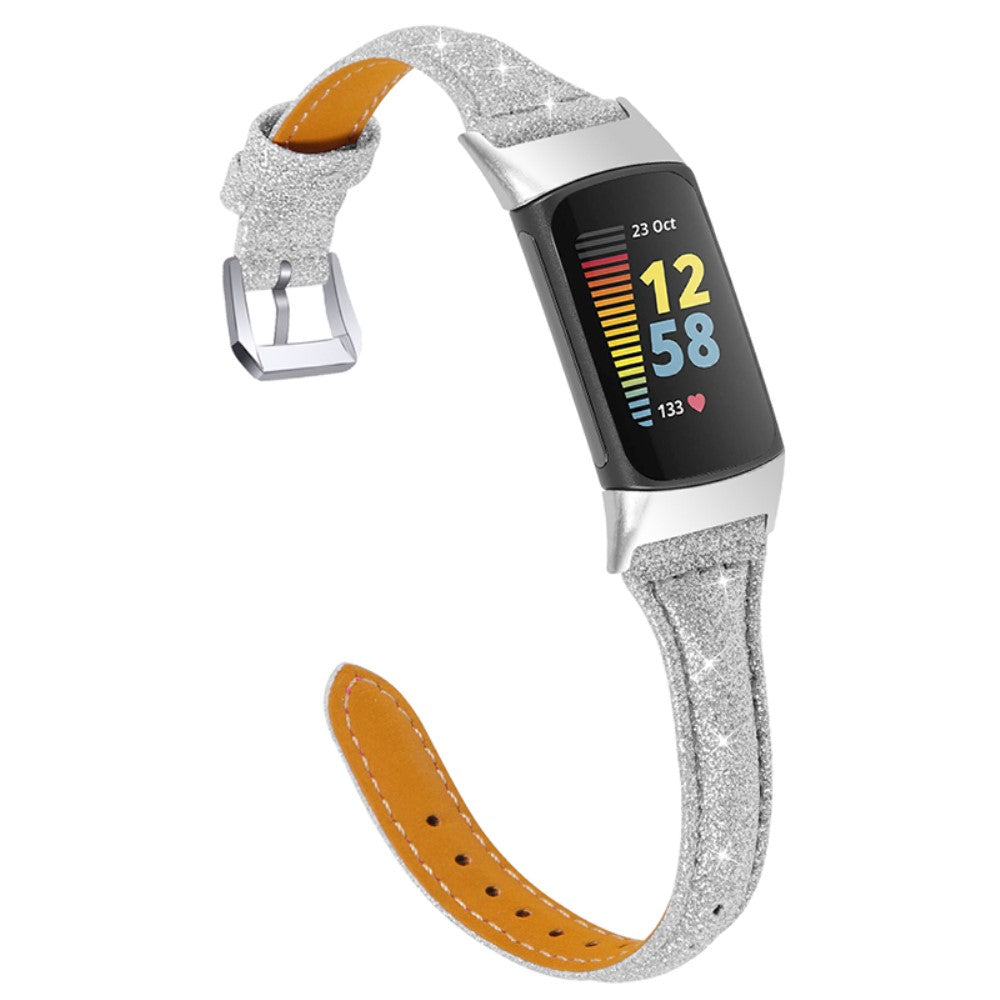 Helt vildt fantastisk Fitbit Charge 5 Ægte læder Rem - Sølv#serie_14