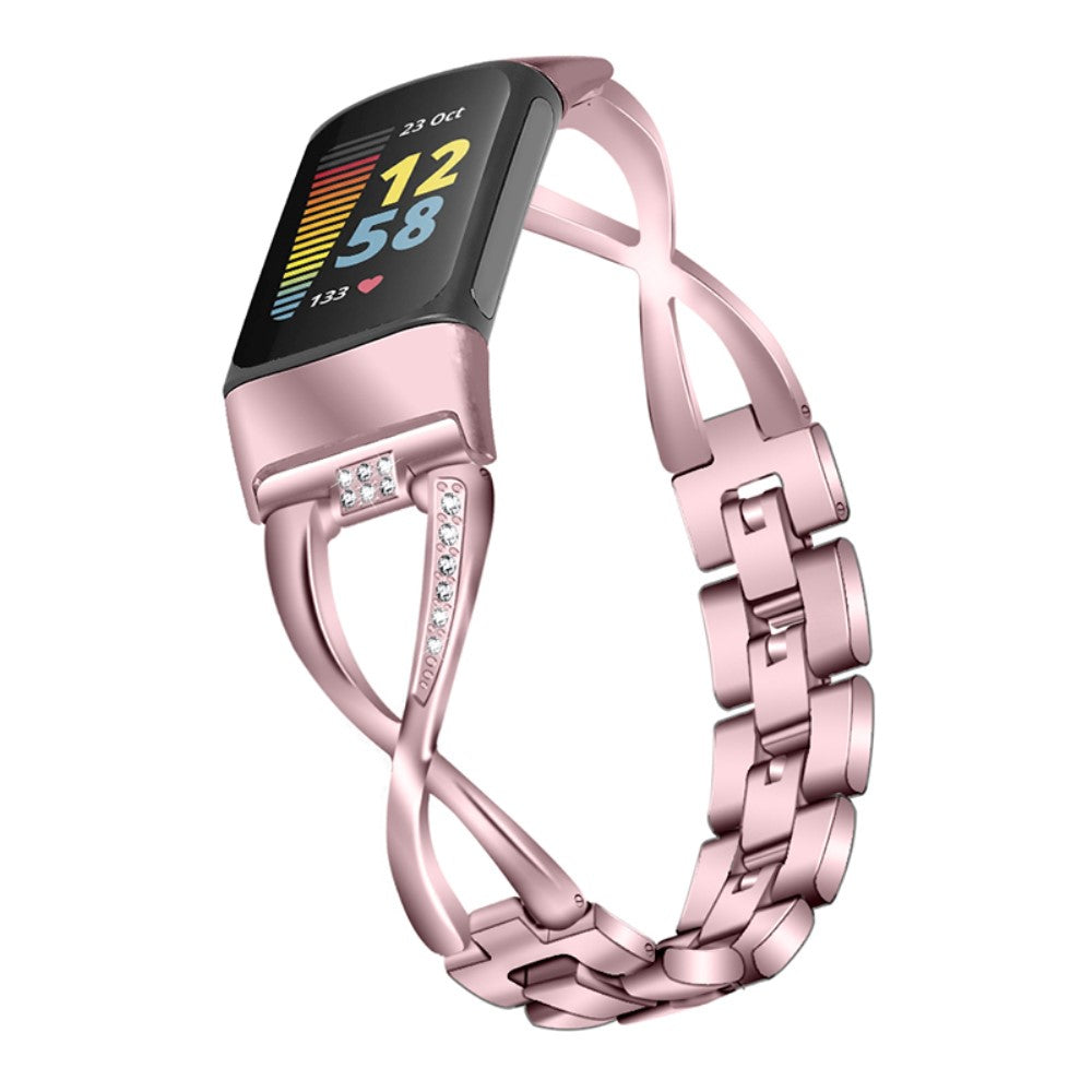 Super hårdfør Fitbit Charge 5 Metal og Rhinsten Rem - Pink#serie_3