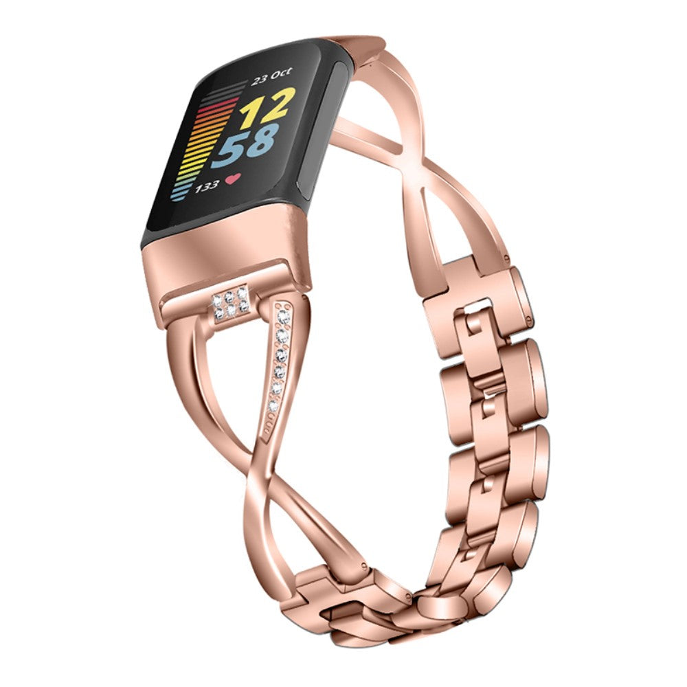 Super hårdfør Fitbit Charge 5 Metal og Rhinsten Rem - Pink#serie_4