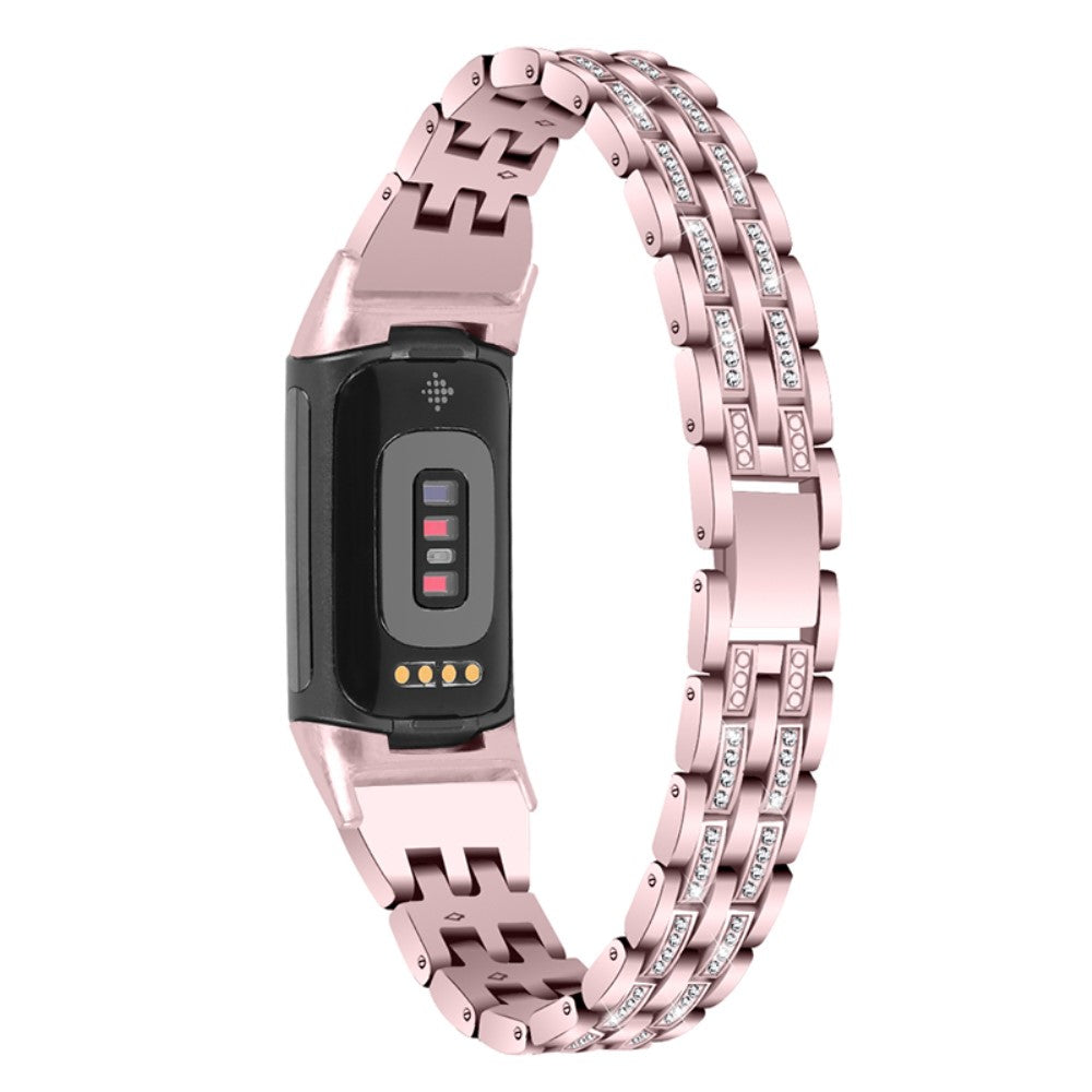 Meget slidstærk Fitbit Charge 5 Metal og Rhinsten Rem - Pink#serie_3