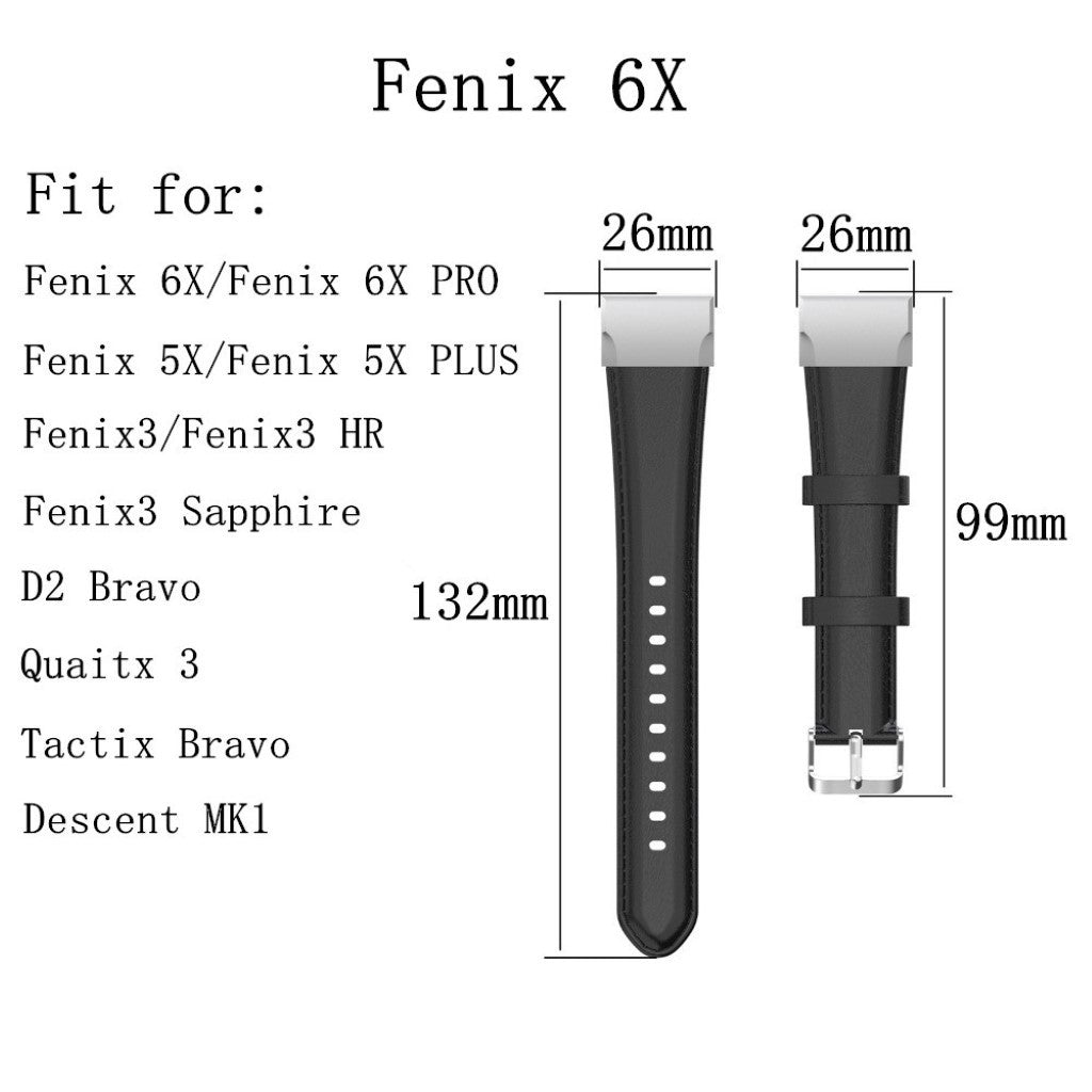 Meget godt Garmin Fenix 6X Pro Ægte læder Rem - Sort#serie_1